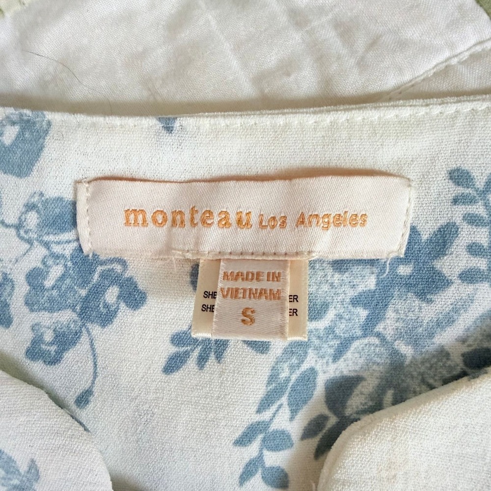 Monteau Los Angeles Floral Tie Front Peplum Blouse Blue Cream Small - Picture 5 of 9